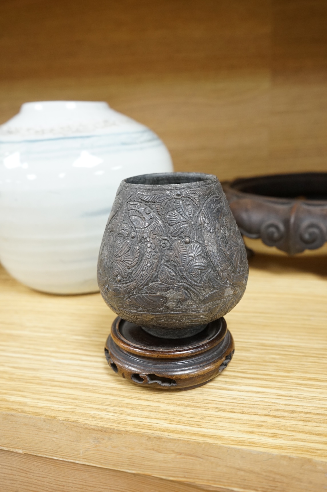 A Korean jar, a pair of Japanese cloisonné vases on stands and other items, largest 23cm high